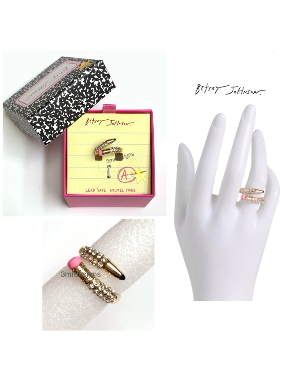 NWT Betsey Johnson 💋BEST IN CLASS Gold Tone Glass Crystals Pencil Wrap Ring